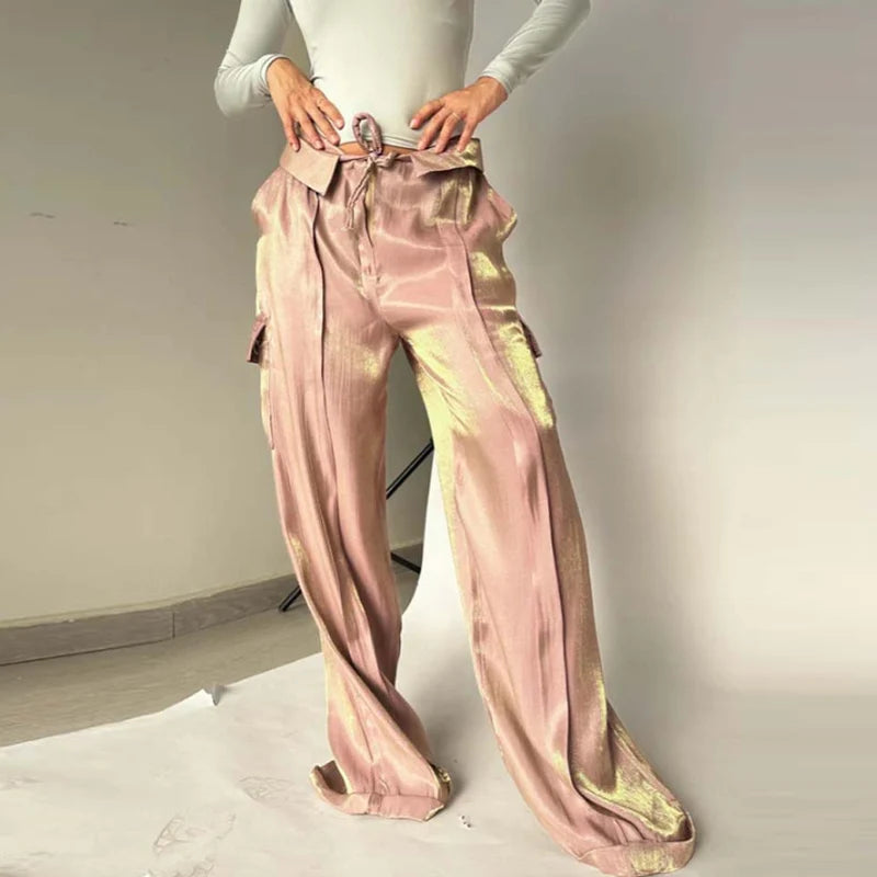 Koisoon 2024 Spring Bright Silk Wide Leg Pants for Women Elegant High Waist Zipper Trousers Autumn Solid Pocket Straight Pant Sweatpants