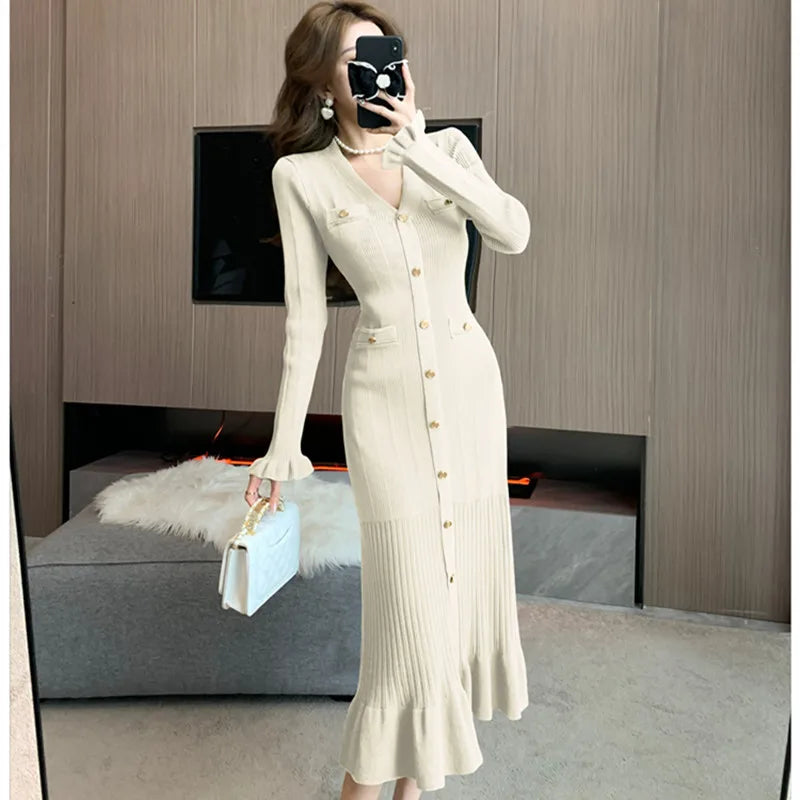 Koisoon Autumn Women Sweater Dress Fashion Knitted Single Breasted Casual Midi Dress Vintage Bodycon Elegant Ruffles Party Dresses