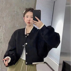 Koisoon Streetwear Women Baseball Jacket Korean Fashion Cropped Loose Outerwear Female Casual Metal Button Coats Autumn New