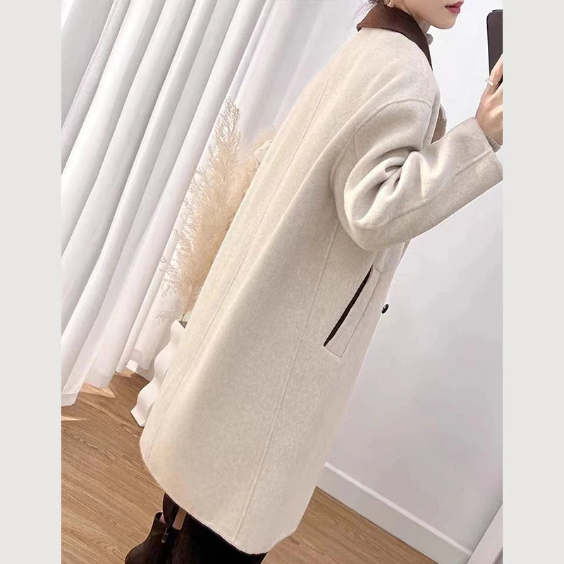 Koisoon Women Faux Woolen Coats Korean Fashion Patchwork Button Jacket Winter Casual Female Streetwear Loose Blends Outerwear New