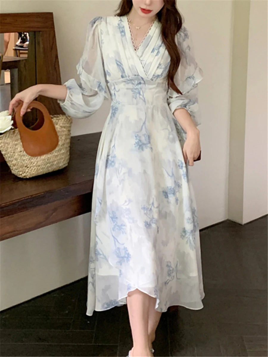 Koisoon Midi Print Dress Women Summer New Fashion Korean Elegant Vintage Floral Vestido Party Clothes Female Casual Slim Dresses