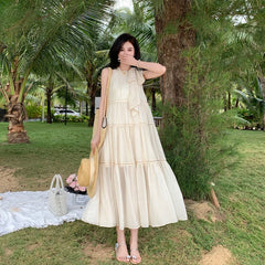 Koisoon Elegant Chic Striped Chiffon Midi Dresses for Women Summer Beach Sleeveless Openwork Patchwork Bow Loose Casual Female Clothing