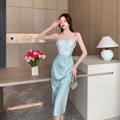 Koisoon Sexy Backless Midi Dresses for Women Summer Elegant Party Prom Suspender Female Clothes Vestidos Satin Embroidery Evening Dress