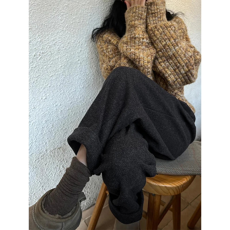 Koisoon Streetwear Woolen Harem Pants Women Korean High Waist Suit Pants Winter Ladies Elegant Fashion Thicken Baggy Trousers New