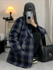 Koisoon Vintage Faux Woolen Plaid Blazers Coat Women Streetwear Loose Retro Jackets American Harajuku Long Sleeve Outwear Tops New