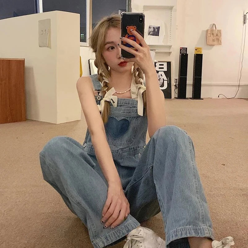 Koisoon Vintage Denim Overalls Women Streetwear Sweet Cute High Waist Wide Leg Jumpsuit Student Harajuku Casual Suspender Pants