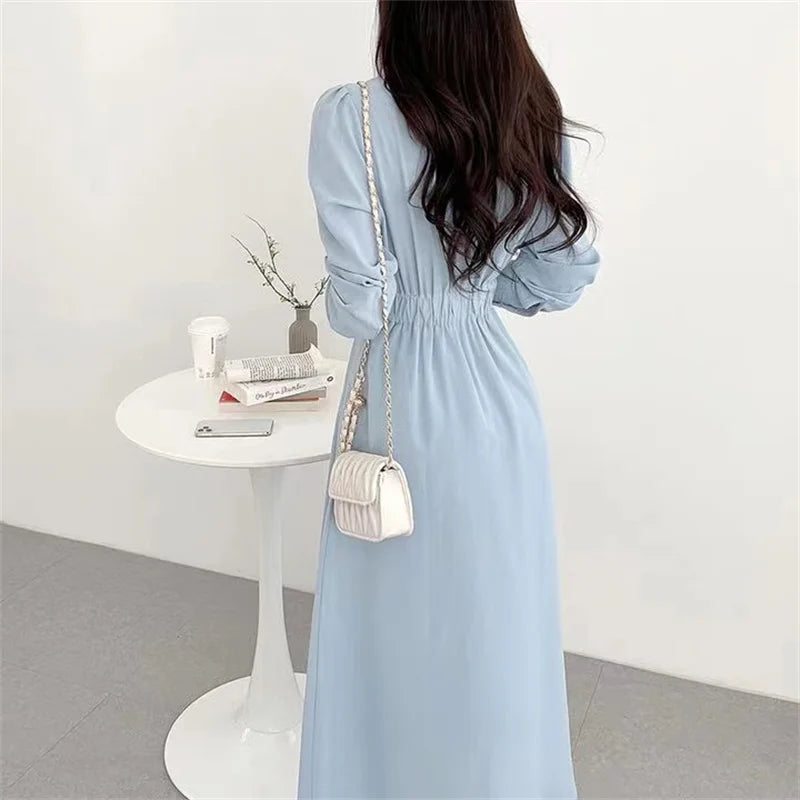 Koisoon Fashion Solid Color Dress Korean Women's Spring New Lapel Elegant Slim Waist Thin Puff Long Sleeve Dresses Office Lady