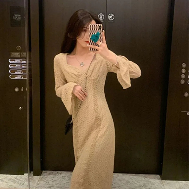 Koisoon French Knitted Dresses For Women Square Neck Long Flare Sleeve High Waist Temperament Long Dress Female Party Robe Clothes