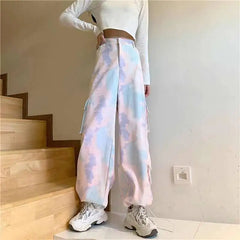 Koisoon Women Harajuku Tie Dye Cargo Pants Spring Summer New Korean Fashion Streetwear High Waist Loose Versatile Sports Casual Trousers