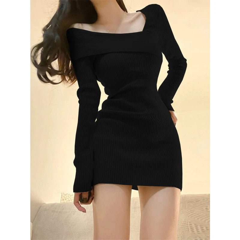 Koisoon Fashion Women Knitted Dress Casual Korean Elegant Female Sexy Mini Dresses Spring All Match Irregular Long Sleeve Dress