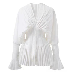 Koisoon Elegant Women Loose White V-Neck Pleated Shirts Female Lantern Full Sleeve Tops Blouses Casual Blusas 2024 Spring Summer