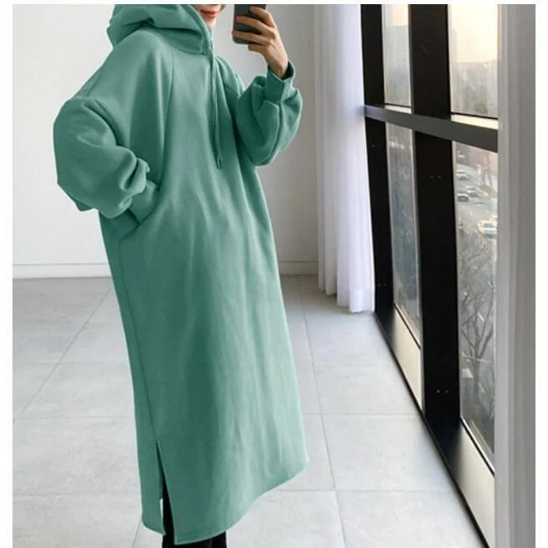 Koisoon Thicken Autumn Winter Women Oversized Hoodie Long Dress Solid Fashion Long Sleeve Female Clothing Split Casual Loose New Dresses