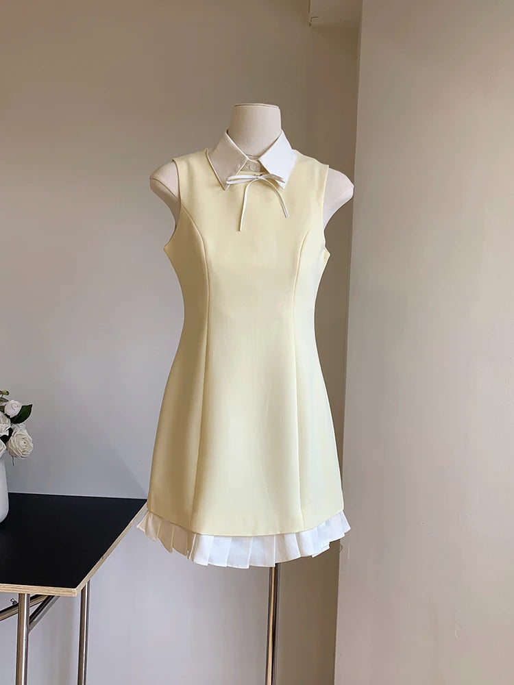 Koisoon Black Sweet Bow Chic Button Casual Women Dresses Summer Contrast Color Classic Sleeveless Fashion Simple Female Dresses