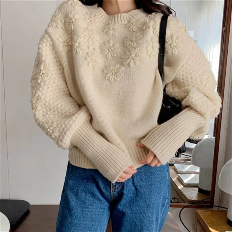 Koisoon Chic Woman Sweaters O-neck Lantern Sleeve Vintage Knitted Pullovers Tops 3D Embroidery Floral Jumper Thick Autumn Clothing