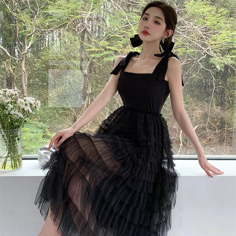 Koisoon Summer New Elegant Dresses For Women Sweet Bowknot Square Neck Sleeveless Mesh Knitted Suspender Party Dinner Dress