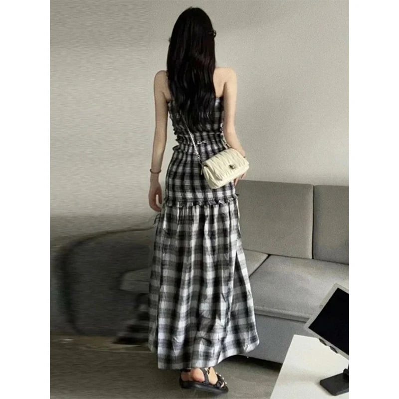 Koisoon Vintage Plaid Dress Women Sexy Slit Strapless Irregular A Line Midi Dresses Korean Split Slash Neck Slim Sundress Vestidos