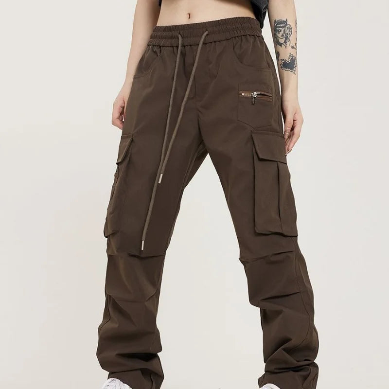 Koisoon Streetwear Fashion Women Solid Cargo Pants Spring Autumn Harajuku Oversize Elastic Waist Drawcord Loose Casual Sports Trousers