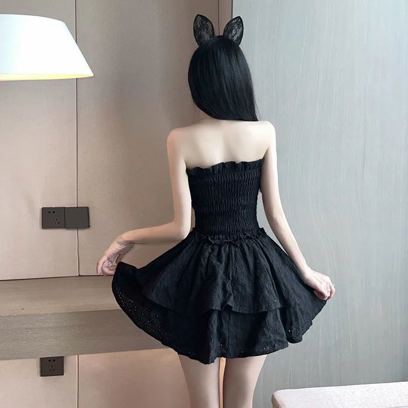 Koisoon Women White Mini Dress Korean Fashion Sexy Strapless Dresses Summer Casual High Waist Female Folds Ball Gown Dress