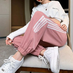 Koisoon Preppy Style Sweet Women Pink Striped Sweatpants Spring Summer Thin Fashion Harajuku Elastic High Waist Casual Casual Trousers