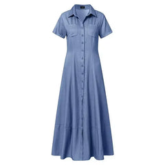 Koisoon Short Sleeve Female Dress With Pockets Loose Big Swing Clothing Denim Elegant Casual Outfits Solid Color Long Dresses