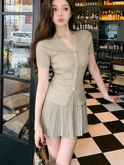 Koisoon Summer Korean Fashion Retro Two Piece Set Women Elegant Party Mini Skirt Set Female Bodycon Casual Tops+Pleated Skirt Suit