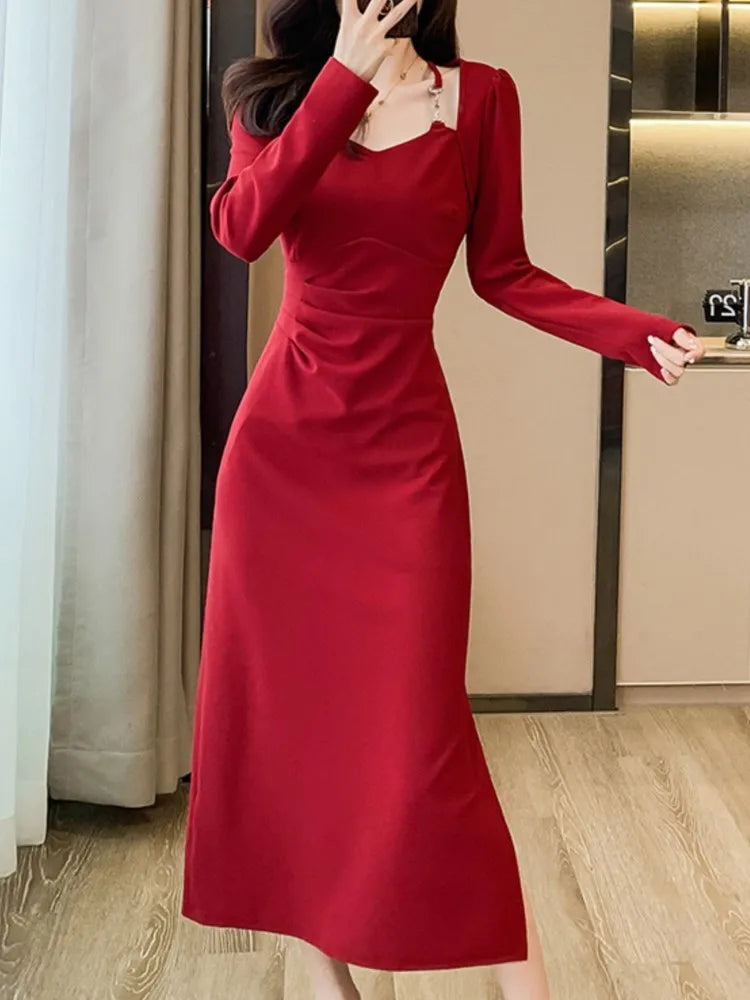 Koisoon Vintage Bodycon Women Fashion Black Red Dress Long Sleeve Elegant Slim Party Birthday Dresses Female Clothes Robe Vestidos New