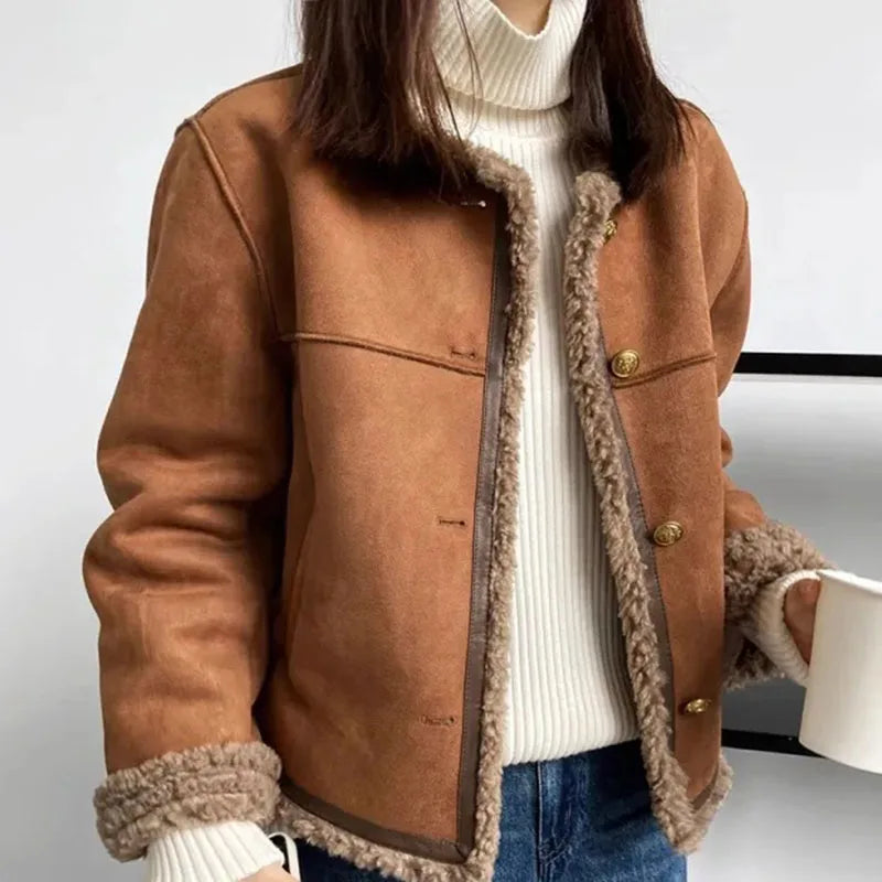 Koisoon Suede Lamb Fur Short Jacket Women Vintage Autumn Winter Padded Thickened Long Sleeve Outwear Camel Fashion Patchwork Coats