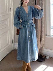 Koisoon V Neck Denim Dress Women Spring Autumn French Style A-line Jeans Long Sleeve Dress Single Breasted Casual Solid Robe