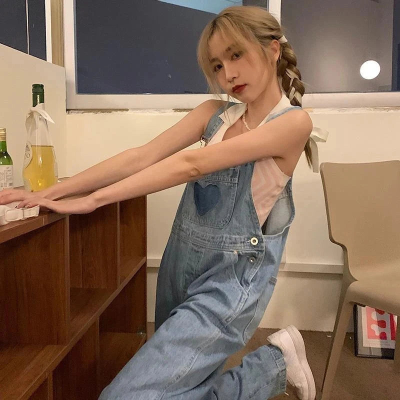 Koisoon Vintage Denim Overalls Women Streetwear Sweet Cute High Waist Wide Leg Jumpsuit Student Harajuku Casual Suspender Pants