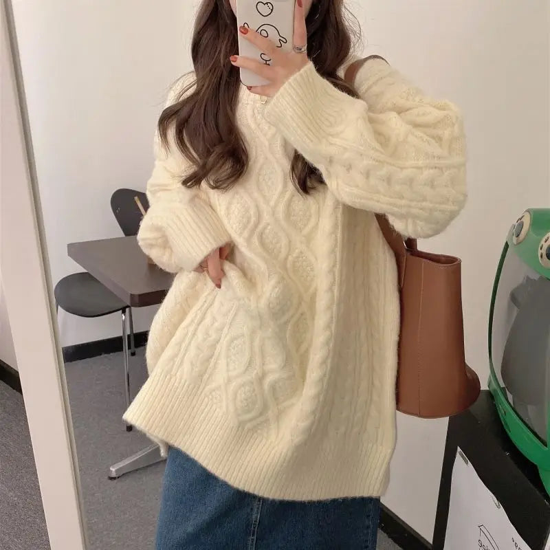 Koisoon Fried Dough Twists Sweater Women's Thickened Loose Slouchy Round Neck Pullover Medium Long Coarse Wool Knitting