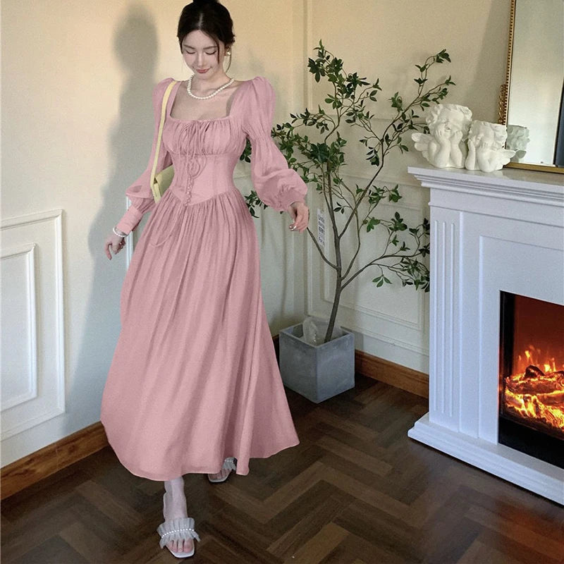 Koisoon French Elegant Women Dress Fashion Lantern Lace Up Sleeve Midi Dress Spring Female Ball Gown High Waist Dresses New