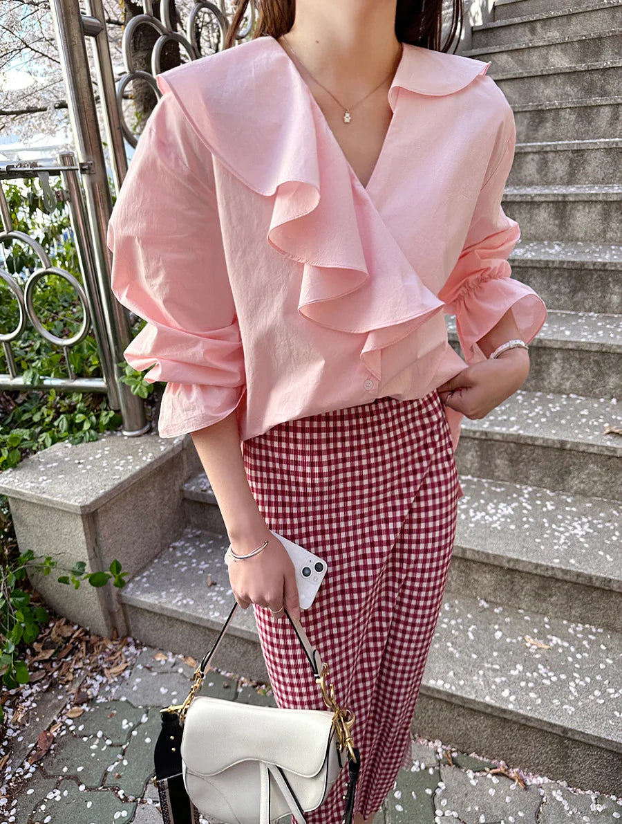 Koisoon Ruffles V-Neck Cotton Shirts Elegant Women Female Lantern Sleeve Tops Blouses Casual OL Shirt Blusas Spring Summer