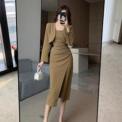 Koisoon New Vintage Solid Elegant Midi Dresses for Women with Long Sleeved Cardigan Autumn Fashion Party Birthday Dress Korean Style