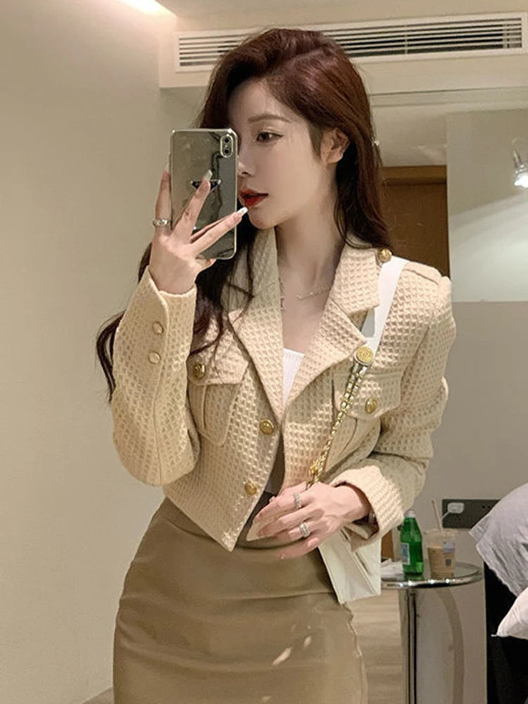 Koisoon Office Lady Sexy Cropped Tweed Jackets Korean Fashion Slim Blazer Coat Women Simple Casual Long Sleeve Buttons Outwear New