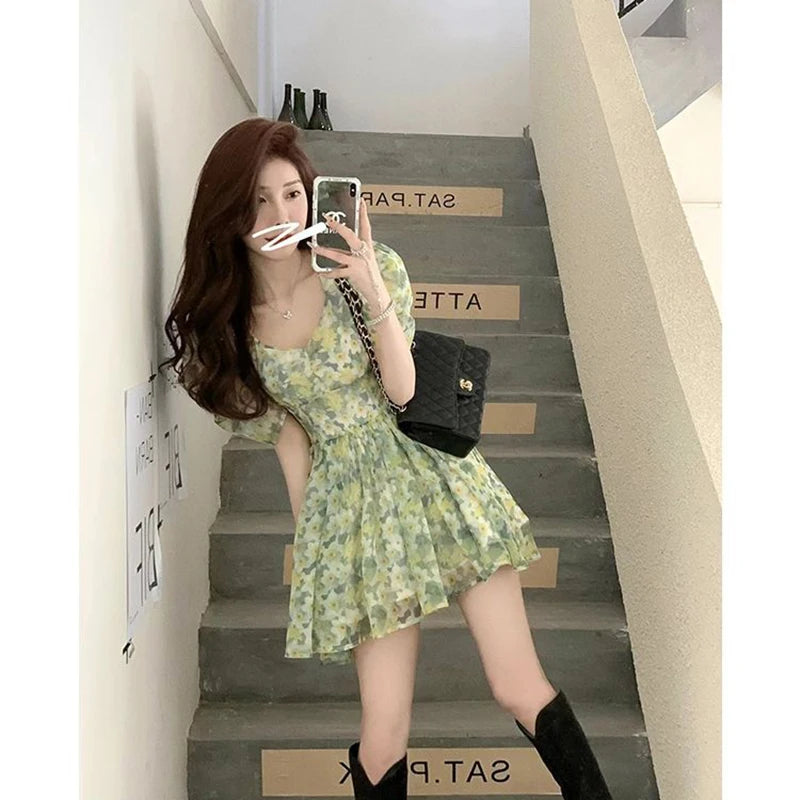 Koisoon Summer High Waist Dress Women Korean Fashion Floral Casual Mini Dresses Y2K Female Elegant Puff Sleeve A Line Dress