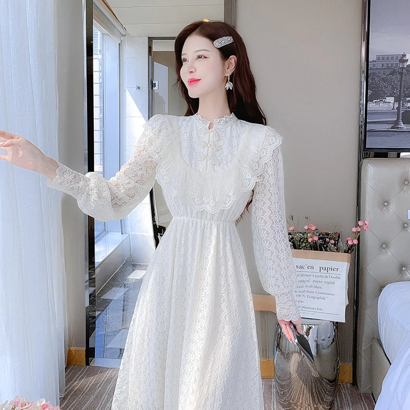 Koisoon Elegant Sweet Vintage Solid Lace Women Midi Dresses for New Autumn Fashion Long Sleeved Cute Party Birthday Fairy Dress