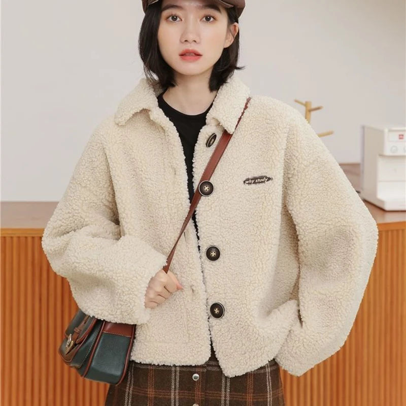 Koisoon Winter Women Lamb Jacket Fashion Japanese Streetwear Female Loose Coats Casual College All Match Buttons Cropped Outerwear