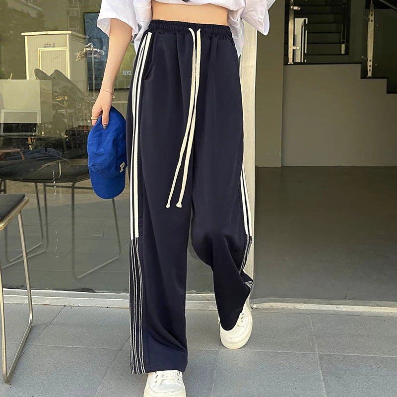 Koisoon Vintage Women High Waist Sweatpants American Style Fashion Striped Loose Wide Leg Pants Summer Female Streetwear Y2K Trousers