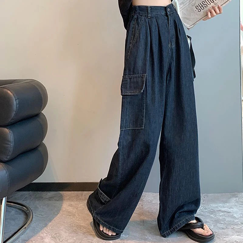 Koisoon Vintage Women Denim Cargo Pants Fashion Streetwear Loose Wide Leg Pants Korean Casual All Match Female Straight Jeans