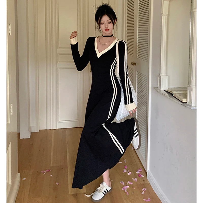 Koisoon Autumn Women Stripe Dress Korean Casual Patchwork Slim Ankle Length Dresses Fashion Female High Waist Long Sleeve Dress