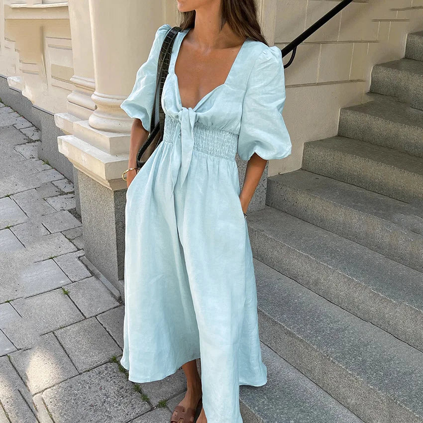 Koisoon Vintage Cotton Linen High Waist A Line Dresses Elegant Chic Pleated Sexy V-neck Short Sleeve Dress Women Blue Summer Dress