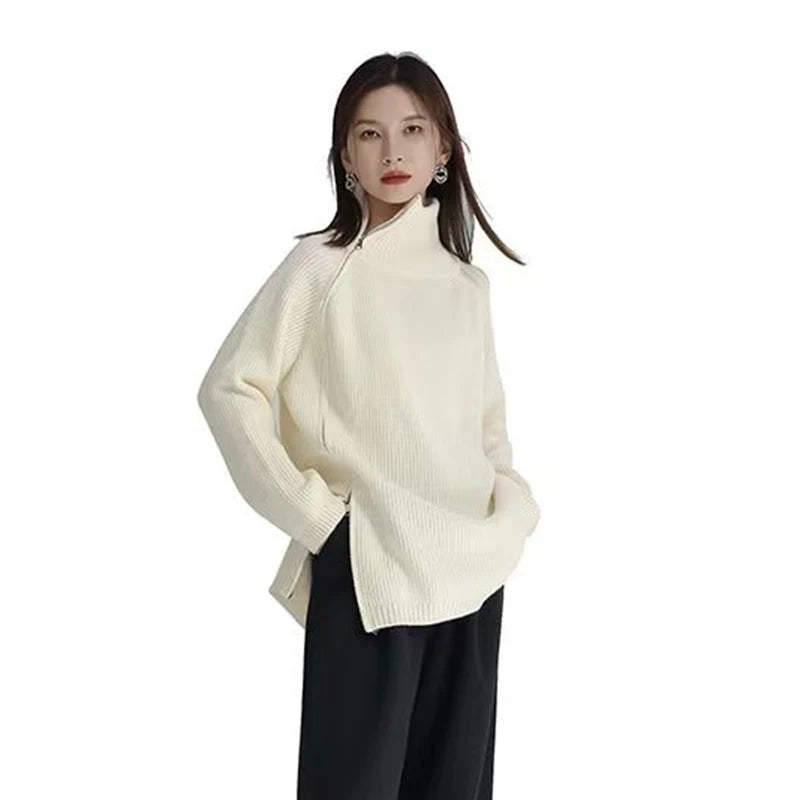 Koisoon Women Knitted Sweater Korean Fashion Streetwear Irregular Zipper Loose Coats Autumn Casual Female All Match Pullover New