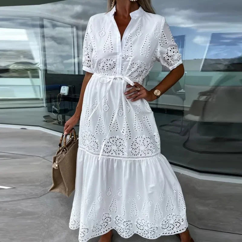 Koisoon Summer New Elegant Lace Embroidery Stitch Pleated Dresses Womem Stand Collar Button-up Party Dress Hollow Formal Female Vestidos