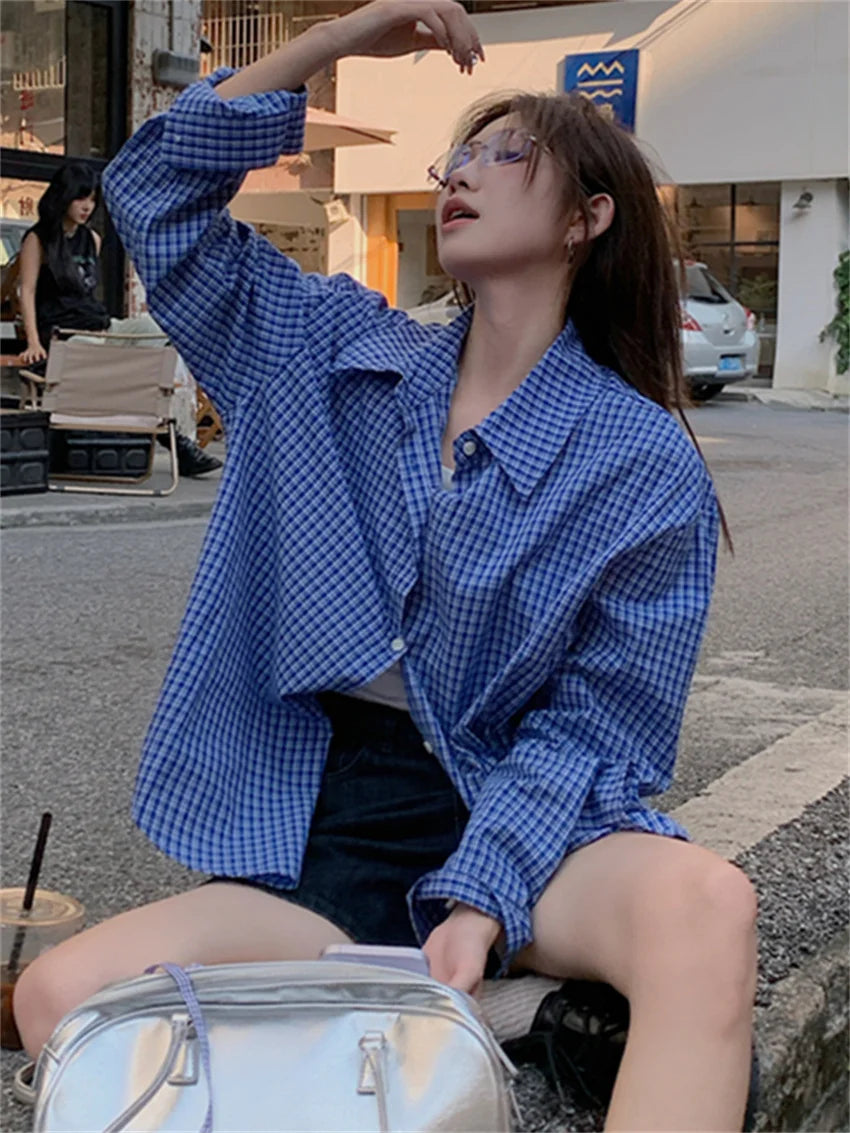 Koisoon 2024 Blue Shirts Plaid Chic Women Fashion Slim New Autumn Loose Full Sleeve Casual All Match High Street Work Wear