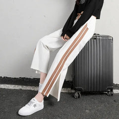 Koisoon Women Fashion Striped Pants Korean Casual Streetwear Loose Ankle Length Pants Summer All Match Female Slits Sweatpants