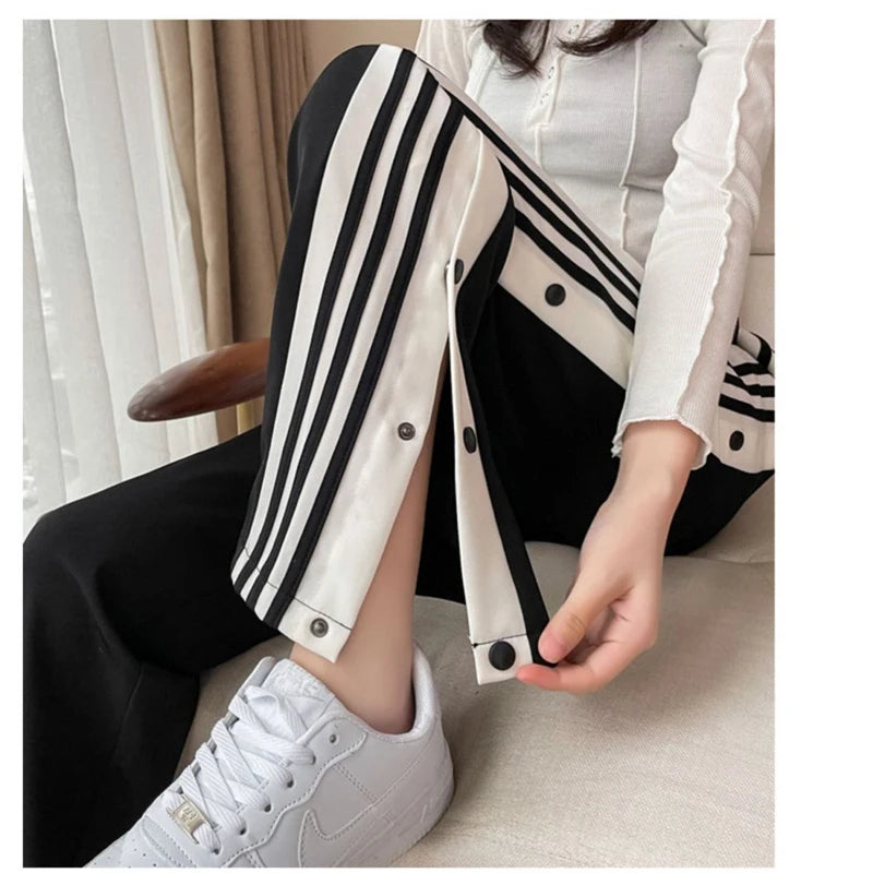 Koisoon Women Striped Letter Single Breasted Harajuku Streetwear Pants Y2K Casual High Waist Straight Split Wide Leg Trousers Pantalones