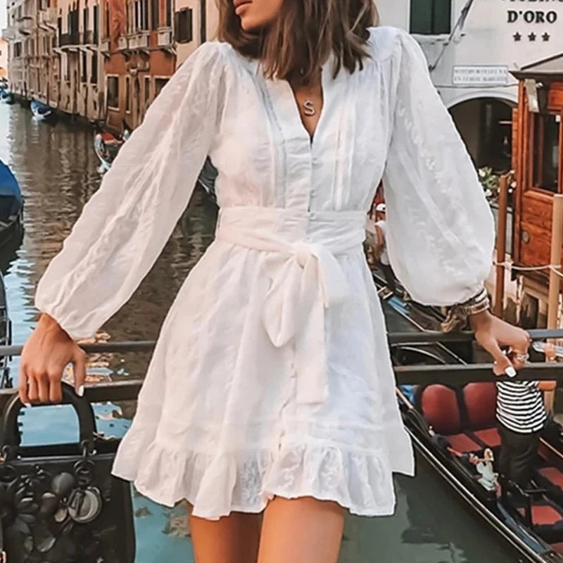 Koisoon White Jacquard Embroidery Lace Party Dress Women Spring V-neck Button Ruffle A-Line Dress Autumn Long Sleeve Tie-up Mini Dresses