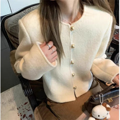 Koisoon Autumn Winter Wool Coat Women Fashion Single-Breasted Long Sleeves Short Blazer Jackets Female Casual O Neck Tops Outerwear