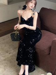 Koisoon French Retro Sequins Long Dresses for Women Sleeveless Slim Mermaid Spring New Evening Party Dress Prom Robe Wedding Vestidos