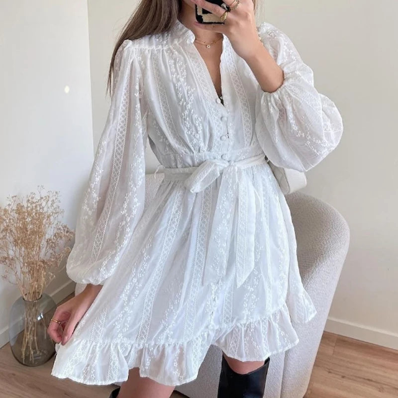 Koisoon White Jacquard Embroidery Lace Party Dress Women Spring V-neck Button Ruffle A-Line Dress Autumn Long Sleeve Tie-up Mini Dresses